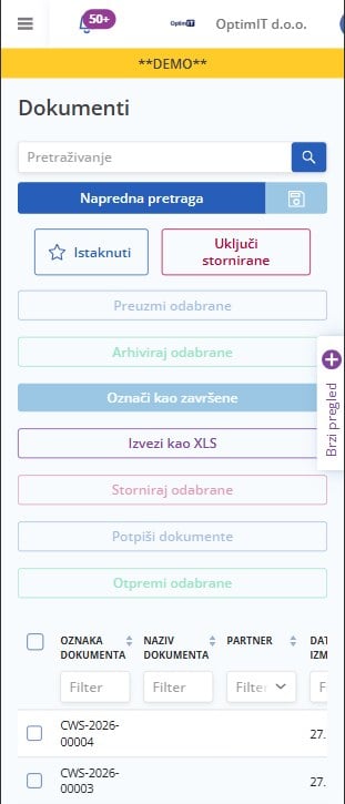DocDoc.C na mobitelu: popis dokumenata s pretragom i akcijama nad odabranim dokumentima.